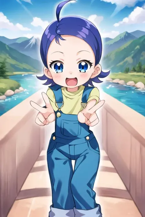 1girl, aksn_cs, blue eyes, short hair, blue hair, ahoge, bangs, forehead, blue overalls, green shirt, standing, looking at viewer, mountain, river <lora:aiko-senoo-casual:1>