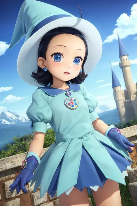 solo, ojaksnmgc, blue eyes, blue hair, short hair, bangs, ahoge, witch hat, blue dress, blue skirt, short skirt, puffy sleeves, blue gloves, jewelry, standing, looking at viewer, mountain, castle <lora:aiko-senoo-magical-000007:1>