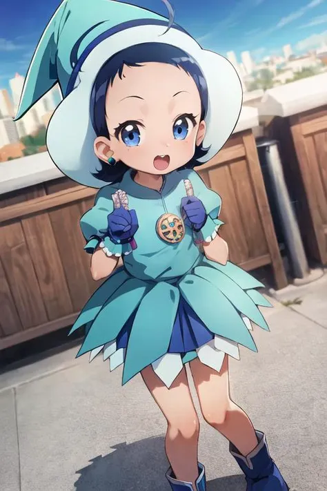 female child, solo, ojaksnmgc, blue eyes, blue hair, short hair, bangs, ahoge, witch hat, blue dress, blue skirt, short skirt, puffy sleeves, pink gloves, jewelry, standing, looking at viewer, city <lora:aiko-senoo-magical-000007:1>