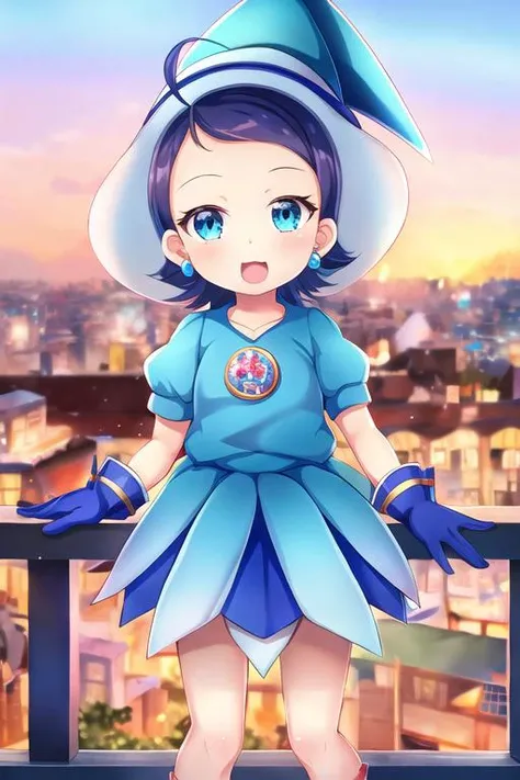 female child, solo, ojaksnmgc, blue eyes, blue hair, short hair, bangs, ahoge, witch hat, blue dress, blue skirt, short skirt, puffy sleeves, blue gloves, jewelry, standing, looking at viewer, city <lora:aiko-senoo-magical-000007:1>