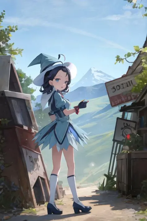 female child, solo, ojaksnmgc, blue eyes, blue hair, short hair, bangs, ahoge, witch hat, blue dress, blue skirt, short skirt, puffy sleeves, blue gloves, jewelry, standing, looking at viewer, mountain, castle <lora:aiko-senoo-magical-000007:1>