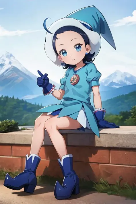female child, solo, ojaksnmgc, blue eyes, blue hair, short hair, bangs, ahoge, witch hat, blue dress, blue skirt, short skirt, puffy sleeves, pink gloves, jewelry, sitting, looking at viewer, mountain, castle <lora:aiko-senoo-magical-000007:1>