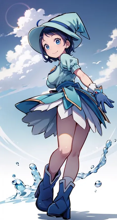 (masterpiece),(intricate details),1girl,pale skin,young girl,happy smile,huge breasts:1.5,
BREAK
ojaksnmgc, blue eyes, blue hair, short hair, bangs, ahoge, witch hat, blue dress, blue skirt, short skirt, puffy sleeves, blue gloves, jewelry,((full body))<lora:aiko-senoo-magical-000007:0.8>
BREAK
day,sun,rainbow,((cumulonimbus)),from below:1.3,