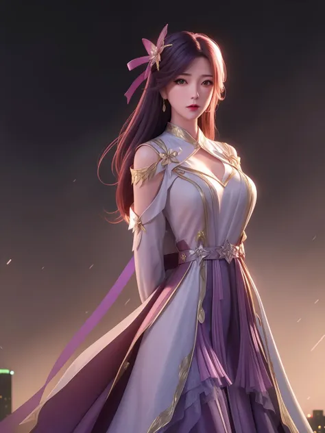 1girl, WMSJyunxiYR,mature female, looking at viewer, cityscape, night,hair ornament, ribbon, arms behind back, dress, cowboy shot,  <lora:WMSJyunxiYR_20230811143746:0.75>