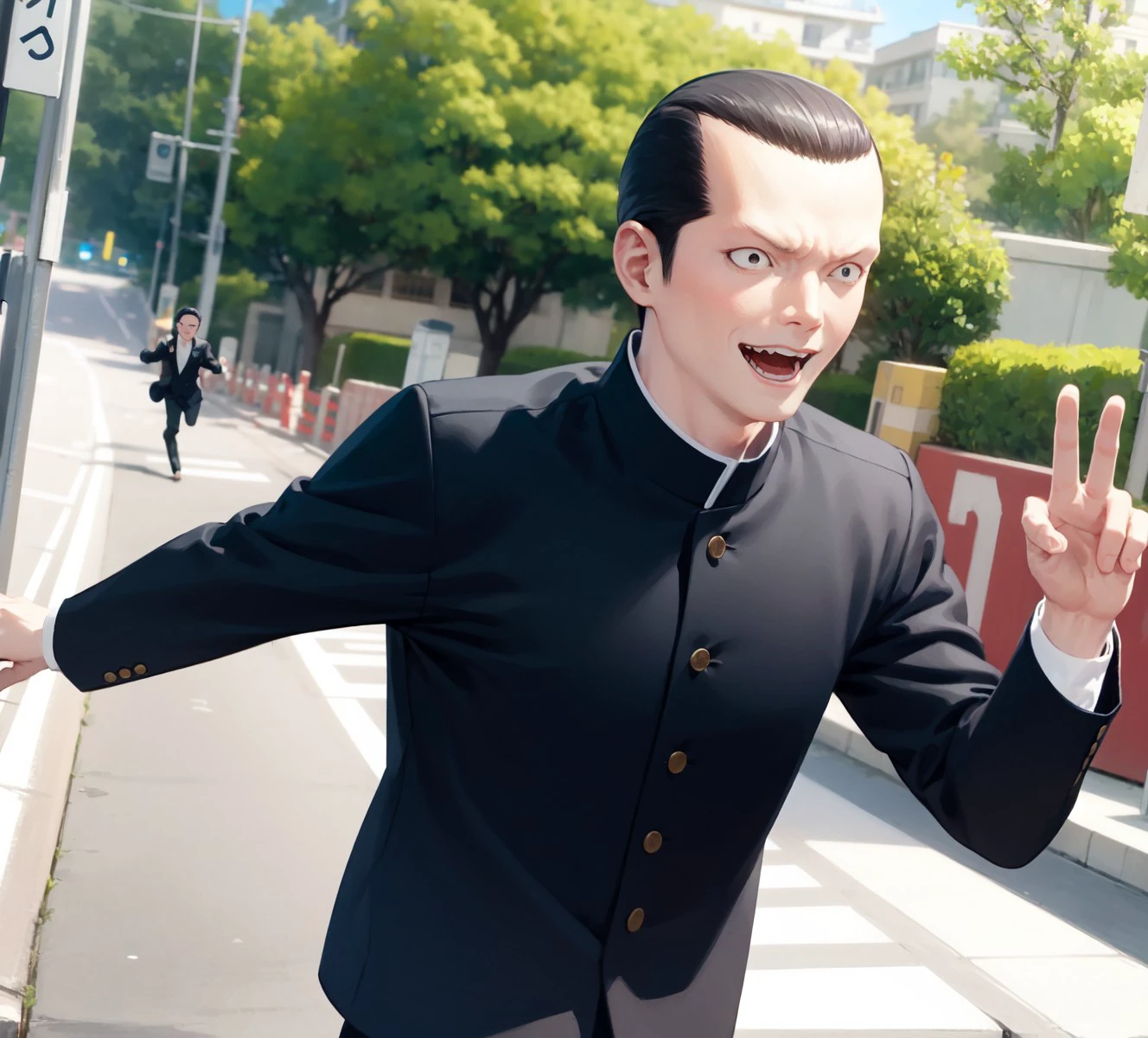 <lora:0013Akitano:0.8> kitano, black gakuran, collared
1boy, Y,hands up, running,
smile