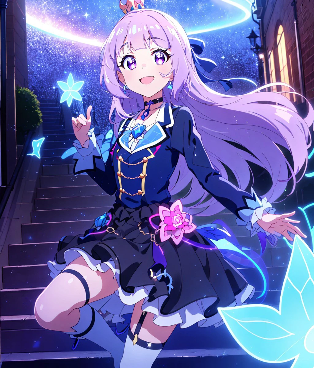 anime coloring, anime screencap,<lora:boldline:-0.5> colored eyelashes, , (aikatsu!,:1.1) pupils,
<lora:anmnr01AOM3A1:0.4>pink
floating,
(outdoors,:1.1) cute,(happy, smile,;d:1.1)
(fantasy,:1.2)
(castle:1.1),stairs,gorgeous,
( holographic:1.1)(hologram,:1.3)(neon:1.1)(colorful luminescence castle growing neon:1.3) (colorful luminescence stairs growing neon:1.3)
starry sky, light particles, ,(glowing, transparent background,:1.3)<lora:glowing:-0.5> <lora:transparent:-1>
cinderella, hikami smire, hair ribbon,purple hair,blunt bangs, long hair, ,
crown,jacket,black jacket,knee boots,black purple skirt,white legwear,choker, black footwear, boots, choker, dress, flower, jewelry, thigh strap,juliet sleeves,
<lora:hikami smire_v1:0.8>