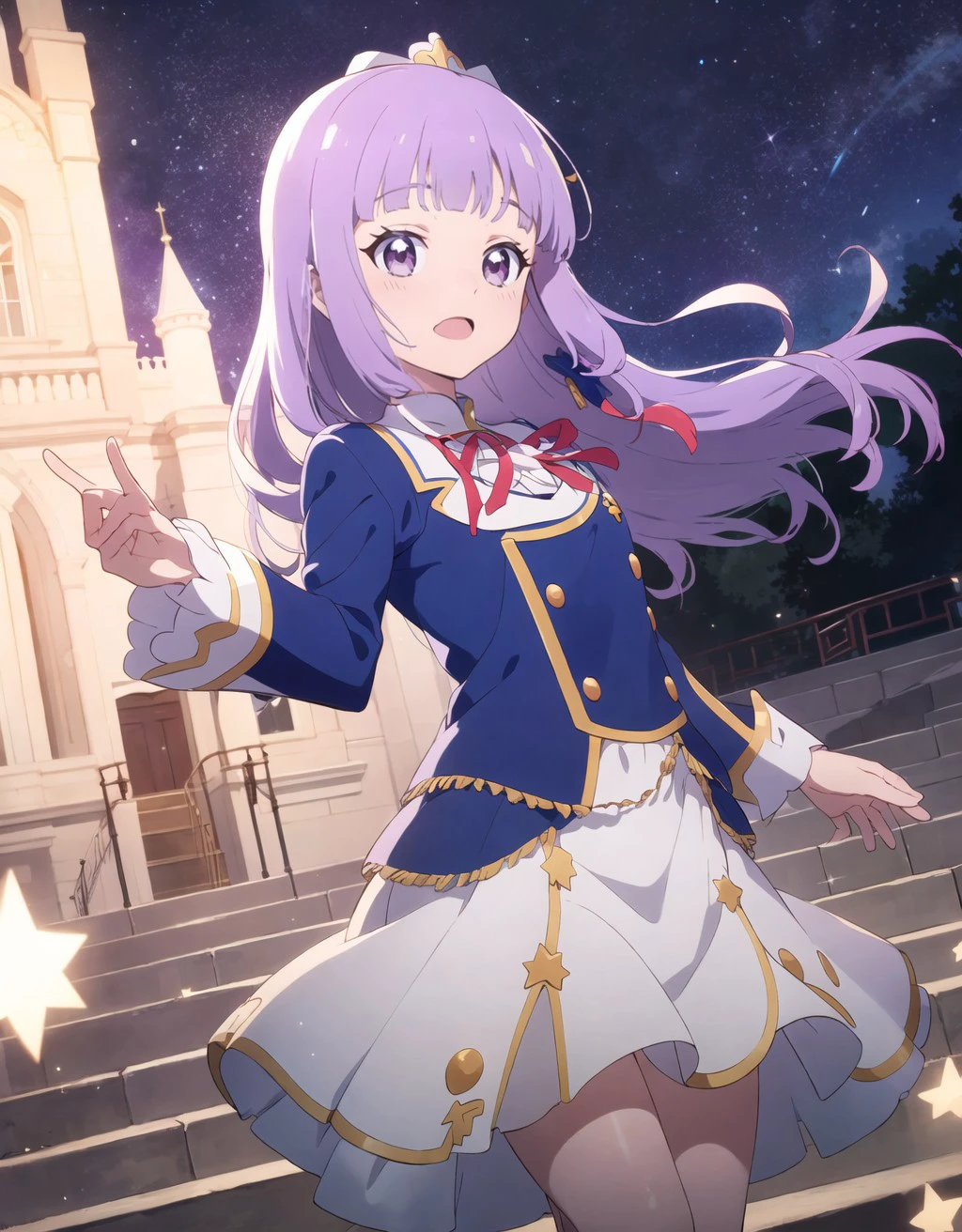 anime coloring, anime screencap,<lora:boldline:-0.5> colored eyelashes, ,
(floating,:1.2)
castle,stairs,embroidery,gorgeous,
cute,
(happy, smile:1.1)<lora:anmnr01AOM3A1:0.3>
starry sky, light particles, magic, hikami smire, hair ribbon,purple hair,blunt bangs, aikatsu!, <lora:hikamiSmireAikatsu_v10:0.8> starlight academy uniform,white skirt,blue jacket,pleated skirt,red ribbon,