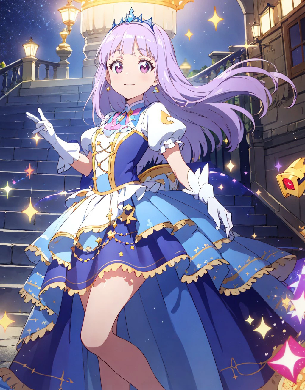 anime coloring, anime screencap,<lora:boldline:-0.5> colored eyelashes, ,
(floating,:1.2)
castle,stairs,embroidery,gorgeous,
cute,
dress, short sleeves, puffy sleeves
cinderella,,(princess:1.3),,lace trim, long skirt,white gloves, elbow gloves, virgin
white dress,, (,tiara:1.3), layered skirt,
<lora:Skirt_TailV2:0.3> (skirt_tail:1.5)
(happy, smile:1.1)<lora:anmnr01AOM3A1:0.6>
starry sky, light particles, magic,
<lora:hikamiSmireAikatsu_v10:0.8> hikami smire, hair ribbon,purple hair,blunt bangs, aikatsu!,
