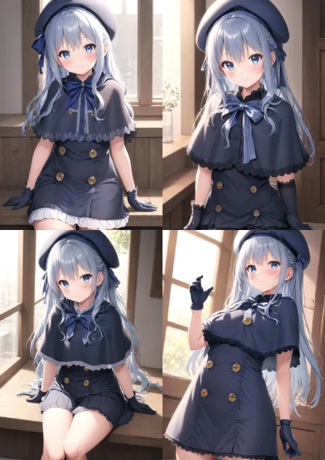 (masterpiece, best quality), kamidezachan, one girl wearing (short sleeves ribbon beret gloves navy blue coat short laced capelet), light blue (long hair:1.2), [[blue eyes]], :) <lora:kamidezachan_Lora-20:0.4:char>