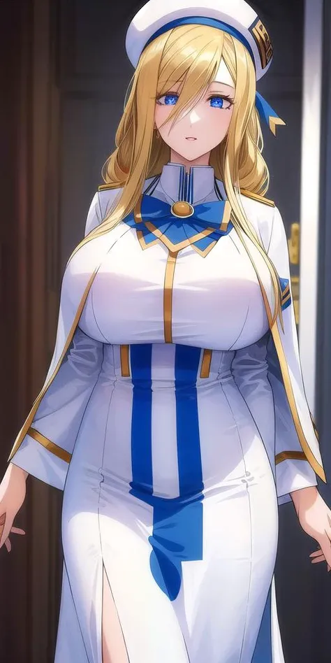 <lora:florence_aliciaV2:0.7> florence_alicia, huge_breasts, standing, solo, Winter_aria_company_uniform_White_long_dress_White_capelet_Blue_bowtie_Long_sleeves_high_collar_Side_slit,White_beret_aria_company_uniform,, masterpiece, best quality, detailed face, detailed eyes, highres,