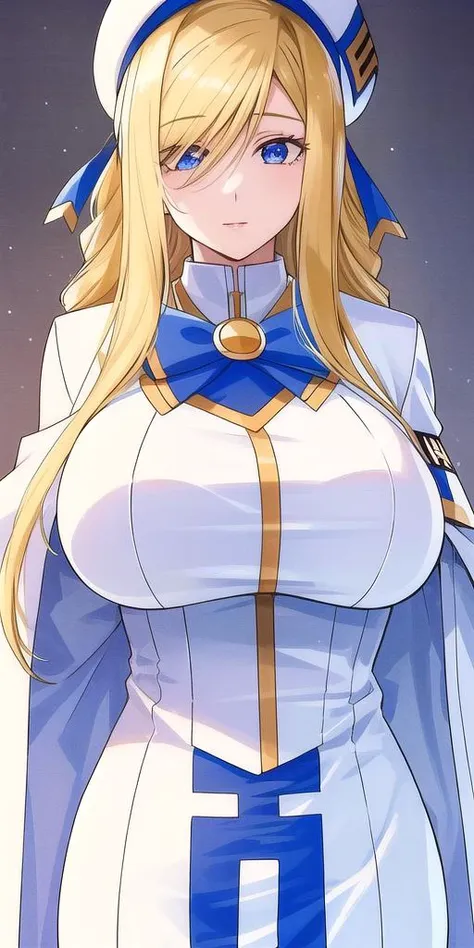 <lora:florence_aliciaV2:0.7> florence_alicia, huge_breasts, standing, solo, Winter_aria_company_uniform_White_long_dress_White_capelet_Blue_bowtie_Long_sleeves_high_collar_Side_slit,White_beret_aria_company_uniform,, masterpiece, best quality, detailed face, detailed eyes, highres,