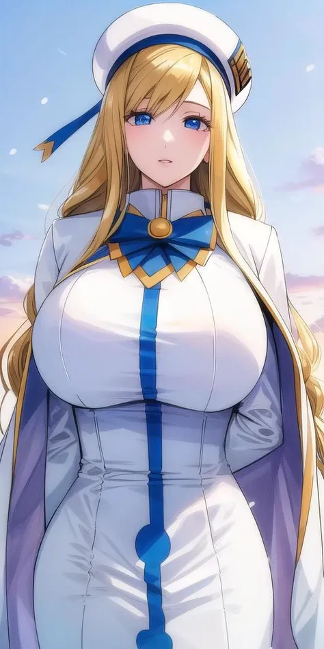 <lora:florence_aliciaV2:0.7> florence_alicia, huge_breasts, standing, solo, Winter_aria_company_uniform_White_long_dress_White_capelet_Blue_bowtie_Long_sleeves_high_collar_Side_slit,White_beret_aria_company_uniform,, masterpiece, best quality, detailed face, detailed eyes, highres,