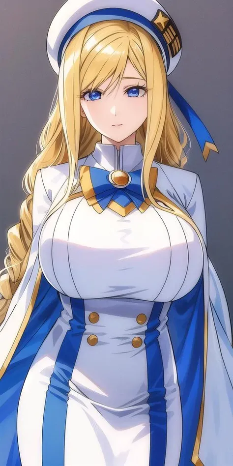 <lora:florence_aliciaV2:0.7> florence_alicia, huge_breasts, standing, solo, Winter_aria_company_uniform_White_long_dress_White_capelet_Blue_bowtie_Long_sleeves_high_collar_Side_slit,White_beret_aria_company_uniform,, masterpiece, best quality, detailed face, detailed eyes, highres,