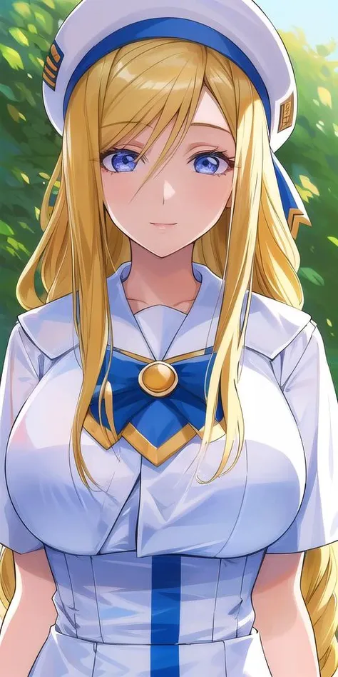 <lora:florence_aliciaV2:0.7> florence_alicia, huge_breasts, standing, solo, Summer_aria_company_uniform_White_long_dress_White_capelet_Blue_bowtie_Short_sleeves_Side_slit,White_beret_aria_company_uniform,, masterpiece, best quality, detailed face, detailed eyes, highres,