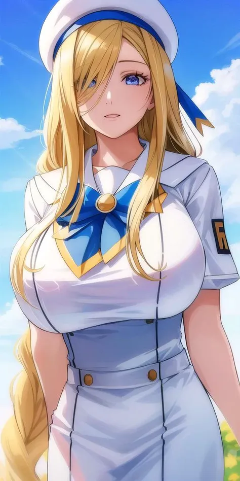 <lora:florence_aliciaV2:0.7> florence_alicia, huge_breasts, standing, solo, Summer_aria_company_uniform_White_long_dress_White_capelet_Blue_bowtie_Short_sleeves_Side_slit,White_beret_aria_company_uniform,, masterpiece, best quality, detailed face, detailed eyes, highres,