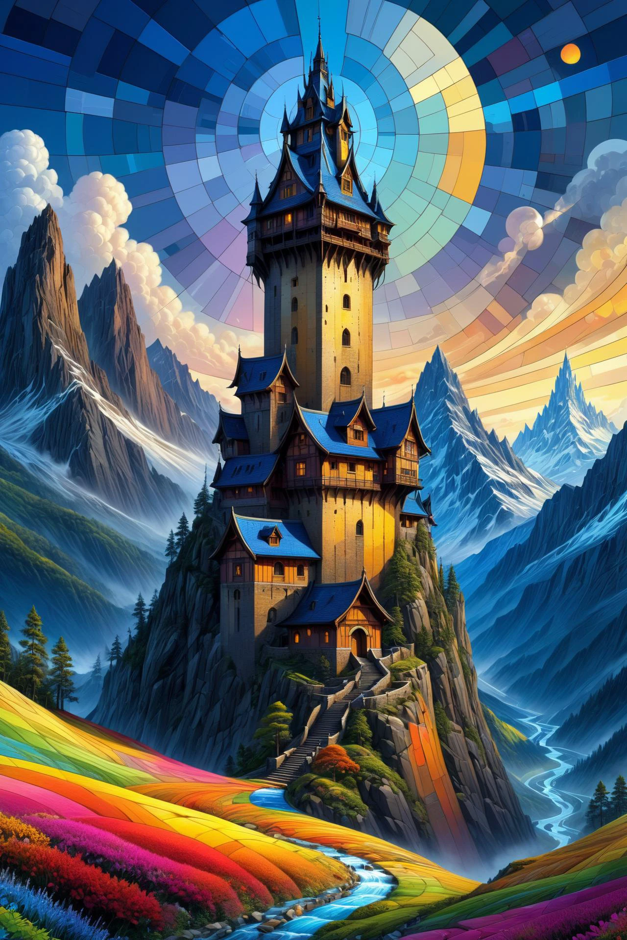 colorful mad-tilestyle, landscape, high_fantasy, mountain, mage_tower, crooked_structure, intricate_design, artist:john_howe, artist:hiro_ichi, color_palette:natural_mattes, tower_colorful, vibrant, magical, architecture_elaborate, enchantments, arcane_symbols, mystical_atmosphere, lighting_dramatic <lora:Colorful_Tile_Style_SDXL:1.4>, (masterpiece:1.2), best quality, (hyperdetailed, highest detailed:1.2), high resolution textures