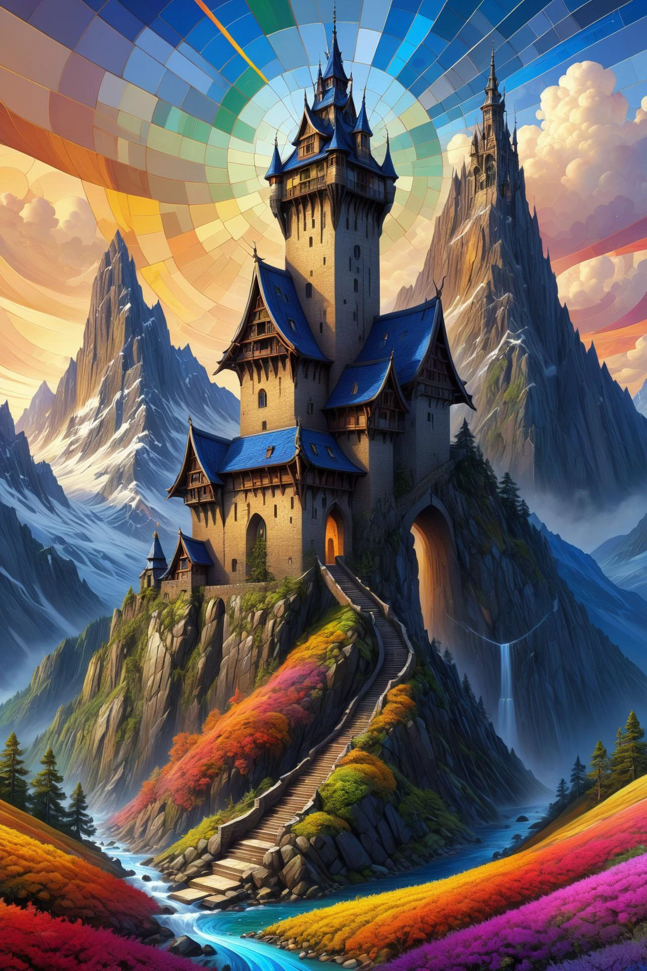 colorful mad-tilestyle, landscape, high_fantasy, mountain, mage_tower, crooked_structure, intricate_design, artist:john_howe, artist:hiro_ichi, color_palette:natural_mattes, tower_colorful, vibrant, magical, architecture_elaborate, enchantments, arcane_symbols, mystical_atmosphere, lighting_dramatic <lora:Colorful_Tile_Style_SDXL:1.4>, (masterpiece:1.2), best quality, (hyperdetailed, highest detailed:1.2), high resolution textures