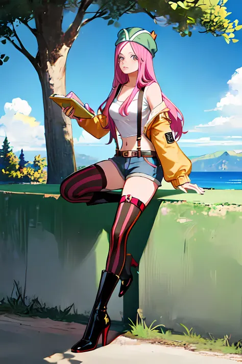 1girl,Jewelry Bonney,<lora:Jewelry Bonney_V2-000003:0.6>,hat,suspenders, thigh highs, (legwear:1.2),  high heels, midriff, knee boots, striped short shorts, holding  hamburger, under the tree,, (masterpiece:1.2), highres, best quality, 8k,