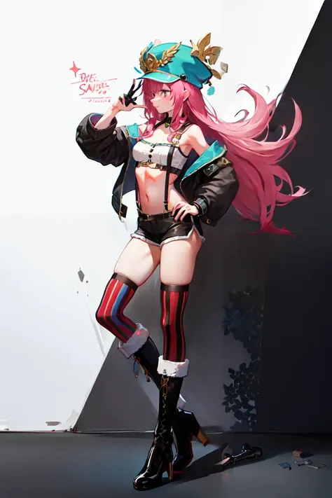 1girl,Jewelry Bonney,<lora:Jewelry Bonney_V2-000003:0.6>,hat,suspenders, thigh highs, flower legwear, high heels, midriff, knee boots, striped short shorts,, (masterpiece:1.2), highres, best quality, 8k,