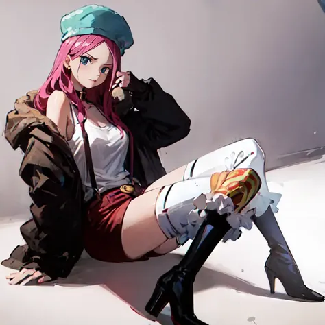 upper body, 1girl,Jewelry Bonney,<lora:Jewelry Bonney_V2-000004:0.6>,hat,suspenders, thigh highs, (legwear:1.2),  high heels, midriff, knee boots, striped short shorts,, (masterpiece:1.2), highres, best quality, 8k,