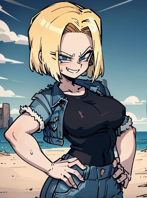 <lora:johnny_numbnutz_v2:1.0>, johnny_numbnutz, <lora:Android18:0.7>, android 18, blonde hair, blue eyes, short hair, solo, large breasts, black shirt, denim jacket, jacket, hands on hips, smug, cowboy shot