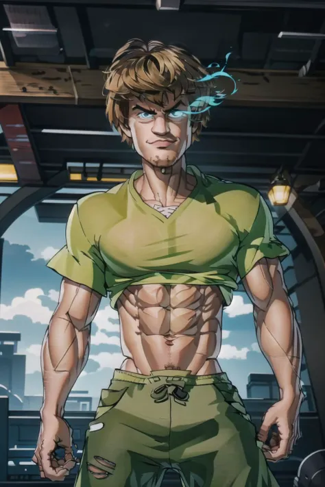 best quality, intricate details,
<lora:shaggyRogers1_v10:0.8> Shaggy Rogers, muscular, green shirt, scooby-doo, cartoon style,ripped shirt, body builder,
<lora:johnnyNumbnutzAI_v10:0.8> johnny_numbnutz, <lora:flamingEyeConcept_flamingEye:1.2> (flaming eye, white eye trail:1.3) <lora:muscleGirl_v1:0.8>
