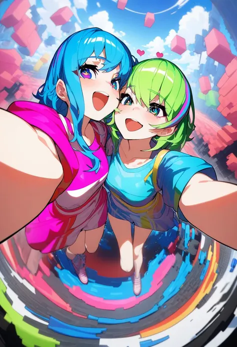masterpiece, best quality, very aesthetic, absurdres, <lora:MikaPikazoXL_V1:1> voxel world, 2 girls in rainbow color clothes, fisheye, laughing, water vortex, ribbons flying, heart pupils