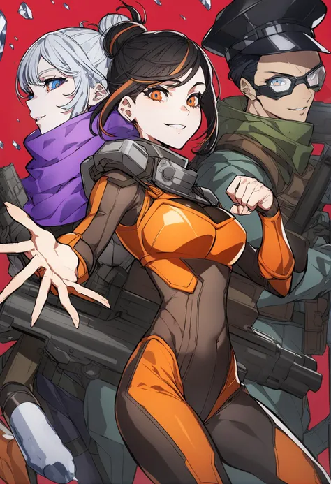 masterpiece, best quality, <lora:MikaPikazoXL_V1:1> green vest, cropped vest, holding gun, wraith \(apex legends\), orange bodysuit, bodysuit, holding, multiple girls, gun, vest, hair bun, mouth mask, goggles, red background, jetpack, assault rifle, 2girls, smile, single hair bun, weapon, 1boy, holding weapon, broken glass, black hair, blue eyes, hair behind ear, breasts, animification, short hair, mask, black headwear, rifle, missile pod, orange eyes, glass, parted lips, grey hair, breastplate, armor, medium breasts, black bodysuit, scarf, multicolored hair, streaked hair, gloves, purple scarf, shorts, black gloves, open hand, looking at viewer