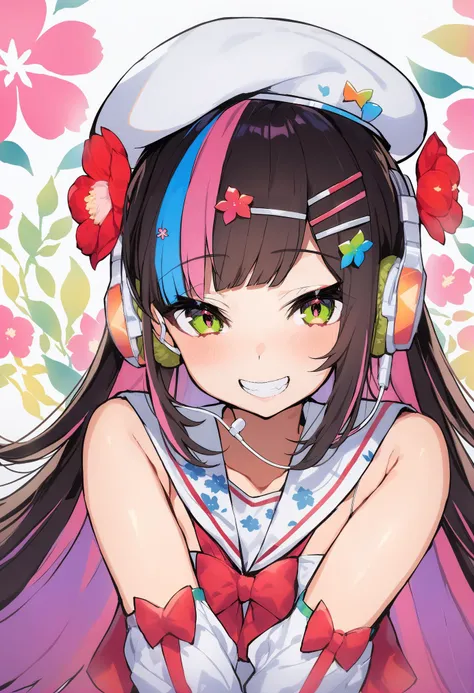 masterpiece, best quality, <lora:MikaPikazoXL_V1:1> 1girl, solo, smile, long hair, hair ornament, looking at viewer, detached sleeves, hat, multicolored hair, upper body, bare shoulders, grin, headphones, floral background, streaked hair, black hair, bangs, hairclip, long sleeves, white headwear, pink hair, green eyes, teeth, flower, red bow, beret, earphones, bow, very long hair, hair flower, sailor collar, blush, floral print