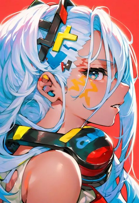 score_9, score_8_up, score_7_up, score_6_up, <lora:MikaPikaZoXL_P6_lokr_V42310:0.95> 1girl, solo, headphones around neck, headphones, long hair, hair ornament, portrait, lightning bolt symbol, hairclip, parted lips, halftone, hair between eyes, looking at viewer, lightning bolt hair ornament, white hair, bare shoulders, red background, from side, body writing, profile, blue eyes, star \(symbol\), teeth