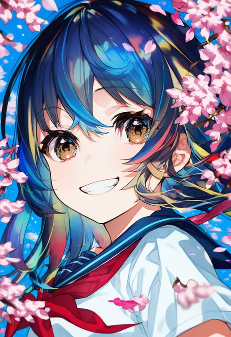 score_9, score_8_up, score_7_up, score_6_up, <lora:MikaPikaZoXL_Js2_lokr_V42310:0.95> 1girl, solo, smile, looking at viewer, long hair, hair between eyes, red neckerchief, shirt, neckerchief, school uniform, sailor collar, white shirt, serafuku, cherry blossoms, colorful, grin, multicolored hair, flower, water, blue sailor collar, blue hair, upper body, teeth, pink flower, multicolored eyes, egasumi, brown eyes, short sleeves, black hair