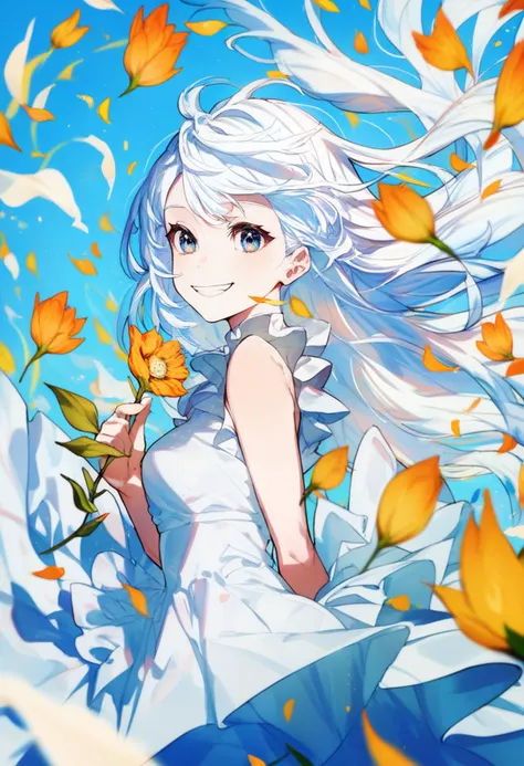 score_9, score_8_up, score_7_up, score_6_up, <lora:MikaPikaZoXL_Js2_lokr_V42310:0.95> 1girl, solo, dress, flower, smile, holding, white dress, long hair, looking at viewer, holding flower, signature, orange flower, floating hair, grin, arm behind back, ribbon, sleeveless, blue background, multicolored eyes, bare shoulders, sleeveless dress, yellow flower, wind, hand up, teeth, cowboy shot, frills, blue sky, white hair, blue eyes, blue hair, sky