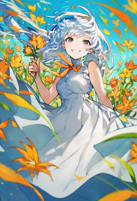 score_9, score_8_up, score_7_up, score_6_up, <lora:MikaPikaZoXL_P6_lokr_V42310:0.95> 1girl, solo, dress, flower, smile, holding, white dress, long hair, looking at viewer, holding flower, signature, orange flower, floating hair, grin, arm behind back, ribbon, sleeveless, blue background, multicolored eyes, bare shoulders, sleeveless dress, yellow flower, wind, hand up, teeth, cowboy shot, frills, blue sky, white hair, blue eyes, blue hair, sky
