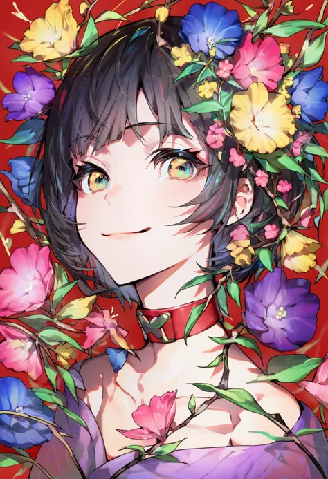 score_9, score_8_up, score_7_up, score_6_up, <lora:MikaPikaZoXL_P6_lokr_V42310:0.95> 1girl, solo, flower, portrait, looking at viewer, smile, short hair, multicolored eyes, colorful, red flower, blue flower, black hair, choker, closed mouth, red choker, hair flower, red background, bug, hair ornament, butterfly, pink flower, branch, yellow flower, purple flower, collarbone, yellow eyes