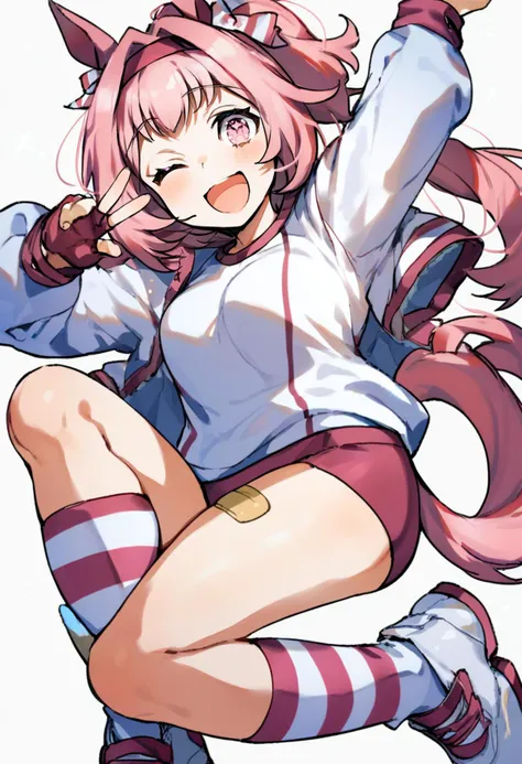 score_9, score_8_up, score_7_up, score_6_up, <lora:MikaPikaZoXLP6lokrV42310-000124:0.95> 1girl, bandaid on leg, haru urara \(umamusume\), solo, horse ears, horse girl, animal ears, buruma, one eye closed, bandaid, tail, horse tail, gloves, red buruma, pink hair, open mouth, ponytail, long hair, jacket, fingerless gloves, white jacket, shirt, smile, white shirt, arm up, pink eyes, hair intakes, thighs, red gloves, bow, striped, white background, striped socks, gym uniform, hair bow, symbol in eye, simple background, headband, symbol-shaped pupils, blush, ribbon, socks, track jacket, shoes, white footwear