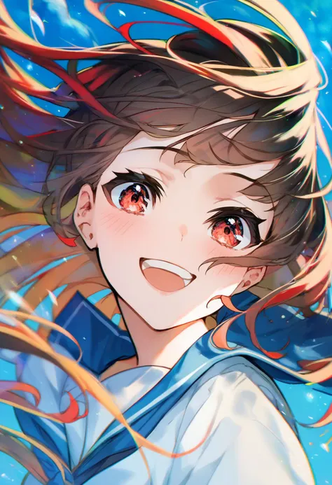 score_9, score_8_up, score_7_up, score_6_up, <lora:MikaPikaZoXL_P6_lokr_V42310:0.95> 1girl, solo, smile, long hair, looking at viewer, open mouth, school uniform, blue sailor collar, sailor collar, serafuku, blush, floating hair, multicolored hair, black hair, portrait, red eyes, :d, blue sky, sky, white shirt, shirt, brown hair, teeth, neckerchief, red hair, blue background, day, wind