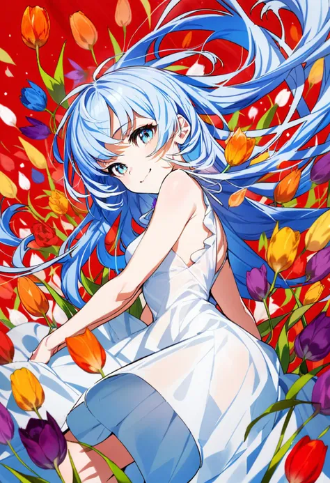 masterpiece, best quality,<lora:MikaPikaZoXL_ANI31_lokr_V4302:0.95> 1girl, solo, dress, flower, long hair, blue hair, blue eyes, white dress, red background, smile, sleeveless, looking at viewer, white flower, sleeveless dress, purple flower, floating hair, orange flower, closed mouth, feet out of frame, red flower, very long hair, yellow flower, tulip, breasts, bare shoulders, small breasts, blue flower