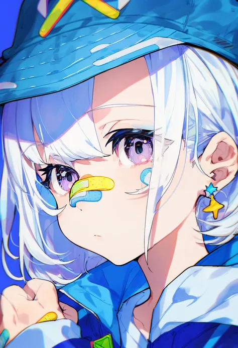 score_9, score_8_up, score_7_up, score_6_up, <lora:MikaPikaZoXL_Js2_lokr_V42310:0.95> solo, 1girl, blue headwear, bandaid on face, bandaid, bandaid on nose, jacket, hat, looking at viewer, long sleeves, blue eyes, short hair, sleeves past wrists, blue hair, white hair, upper body, earrings, hand up, purple eyes, jewelry, portrait, sticker on face, hair between eyes, blue jacket, star \(symbol\)