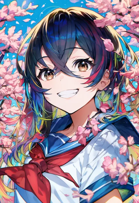 score_9, score_8_up, score_7_up, score_6_up, <lora:MikaPikaZoXL_P6_lokr_V42310:0.95> 1girl, solo, smile, looking at viewer, long hair, hair between eyes, red neckerchief, shirt, neckerchief, school uniform, sailor collar, white shirt, serafuku, cherry blossoms, colorful, grin, multicolored hair, flower, water, blue sailor collar, blue hair, upper body, teeth, pink flower, multicolored eyes, egasumi, brown eyes, short sleeves, black hair