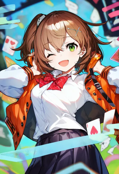 score_9, score_8_up, score_7_up, score_6_up, <lora:MikaPikaZoXL_Js2_lokr_V42310:0.95> one eye closed, skirt, shirt, green eyes, brown hair, jacket, hair ornament, white shirt, smile, bow, open mouth, red bow, x hair ornament, bowtie, pleated skirt, 1girl, headphones, red bowtie, looking at viewer, open jacket, long sleeves, open clothes, collared shirt, short hair, black skirt, hairclip, solo, blue skirt, ;d, hair between eyes, school uniform, orange jacket, one side up, breasts, miniskirt, standing, card, side ponytail, cowboy shot, solo focus