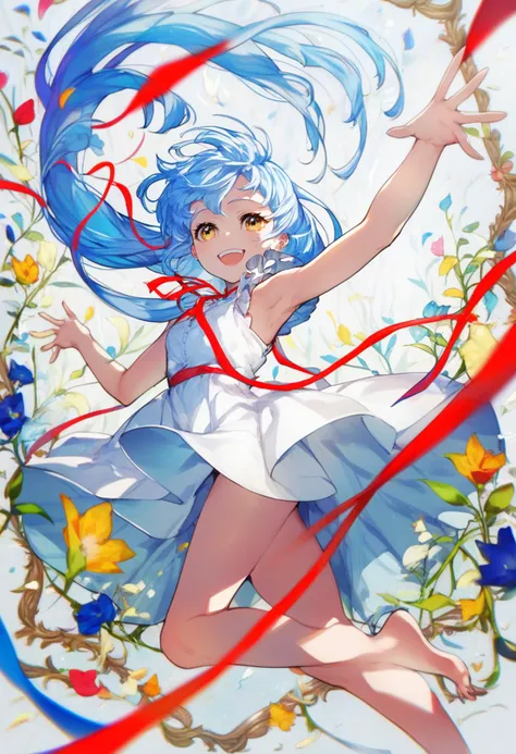 score_9, score_8_up, score_7_up, score_6_up, <lora:MikaPikaZoXL_Js2_lokr_V42310:0.95> 1girl, solo, dress, long hair, flower, smile, open mouth, white dress, blue hair, barefoot, white flower, sleeveless, sleeveless dress, looking at viewer, picture frame, outstretched arms, floating hair, :d, ribbon, foot out of frame, blue flower, teeth, red flower, bare arms, bare legs, upper teeth only, neck ribbon, yellow eyes, armpits, red ribbon, very long hair