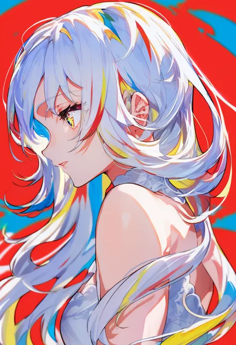 score_9, score_8_up, score_7_up, score_6_up, <lora:MikaPikaZoXL_Js2_lokr_V42310:0.95> 1girl, solo, red background, long hair, parted lips, white hair, from side, ligne claire, yellow eyes, bare shoulders, simple background, upper body, profile, colorful, abstract, breasts, multicolored hair, portrait, eyelashes, hair between eyes, multicolored eyes