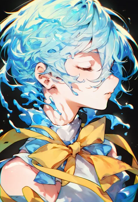 score_9, score_8_up, score_7_up, score_6_up, <lora:MikaPikaZoXL_P6_lokr_V42310:0.95> solo, 1girl, black background, liquid hair, closed eyes, blue hair, parted lips, simple background, ribbon, water, upper body, hair between eyes, yellow ribbon, short hair