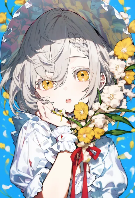 score_9, score_8_up, score_7_up, score_6_up, <lora:MikaPikaZoXL_Js2_lokr_V42310:0.95> 1girl, solo, flower, yellow eyes, holding, blue background, looking at viewer, upper body, braid, ribbon, grey hair, short sleeves, red ribbon, white flower, bonnet, wrist cuffs, dress, simple background, white dress, puffy sleeves, neck ribbon, parted lips, open mouth, frills, yellow flower, short hair, hat, holding flower, puffy short sleeves, braided bangs, hair between eyes, bouquet