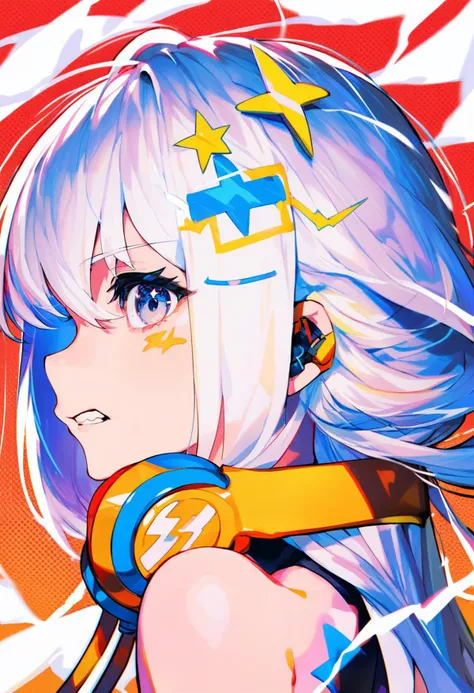 score_9, score_8_up, score_7_up, score_6_up, <lora:MikaPikaZoXL_Js2_lokr_V42310:0.95> 1girl, solo, headphones around neck, headphones, long hair, hair ornament, portrait, lightning bolt symbol, hairclip, parted lips, halftone, hair between eyes, looking at viewer, lightning bolt hair ornament, white hair, bare shoulders, red background, from side, body writing, profile, blue eyes, star \(symbol\), teeth