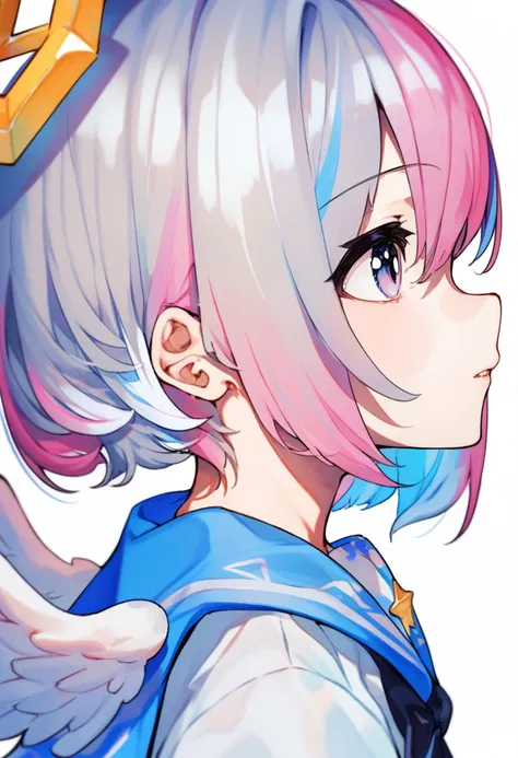 score_9, score_8_up, score_7_up, score_6_up, <lora:MikaPikaZoXL_Js2_lokr_V42310:0.95> 1girl, amane kanata, virtual youtuber, solo, multicolored hair, wings, star halo, grey hair, amane kanata \(1st costume\), colored inner hair, blue hair, angel wings, short hair, halo, white background, bob cut, feathered wings, single hair intake, angel, simple background, portrait, parted lips, from side, asymmetrical hair, hair over one eye, streaked hair, purple eyes, pink hair, white wings, asymmetrical bangs, blue eyes, multicolored eyes, profile, sailor collar, hair between eyes