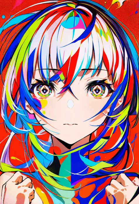 masterpiece, best quality,<lora:MikaPikaZoXL_ANI31_lokr_V4302:0.95> 1girl, solo, colorful, multicolored eyes, looking at viewer, portrait, closed mouth, multicolored hair, long hair, yellow eyes, abstract, hair between eyes, straight-on, blue hair, halftone, hands up, floating hair, red background