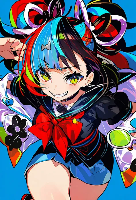 masterpiece, best quality,<lora:MikaPikaZoXL_ANI31_lokr_V4302:0.95> 1girl, sei shounagon \(fate\), smile, multicolored hair, solo, unworn eyewear, yellow eyes, twintails, blue background, sailor collar, grin, black hair, looking at viewer, red hair, sunglasses, eyewear hang, blue hair, black sailor collar, black shirt, skirt, school uniform, bow, choker, long hair, shirt, collar, hair ornament, hairclip, serafuku, red bow, jacket, simple background