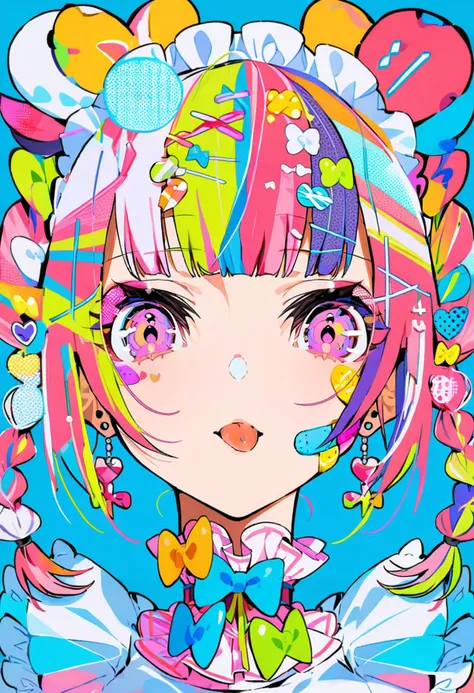 masterpiece, best quality,<lora:MikaPikaZoXL_ANI31_lokr_V4302:0.95> 1girl, solo, colorful, tongue, tongue out, portrait, looking at viewer, jewelry, earrings, bandaid, bow, maid headdress, hair ornament, pink hair, blue background, bandaid on face, braid, multicolored hair, twin braids, pink eyes, heart, hairclip, maid, white bow, :p, frills, hair bow, blunt bangs, sticker on face, multiple hair bows, yellow bow, x hair ornament, simple background, purple eyes, halftone, blue bow, closed mouth