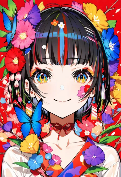 masterpiece, best quality,<lora:MikaPikaZoXL_ANI31_lokr_V4302:0.95> 1girl, solo, flower, portrait, looking at viewer, smile, short hair, multicolored eyes, colorful, red flower, blue flower, black hair, choker, closed mouth, red choker, hair flower, red background, bug, hair ornament, butterfly, pink flower, branch, yellow flower, purple flower, collarbone, yellow eyes